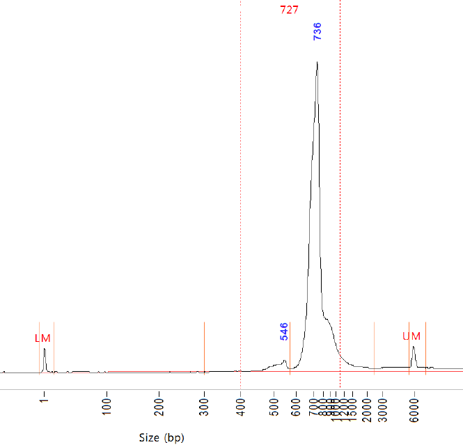 NM-Gradients sequence pool trace with a small 16S peak at 546 base pairs and a large 18S peak at 736 base pairs