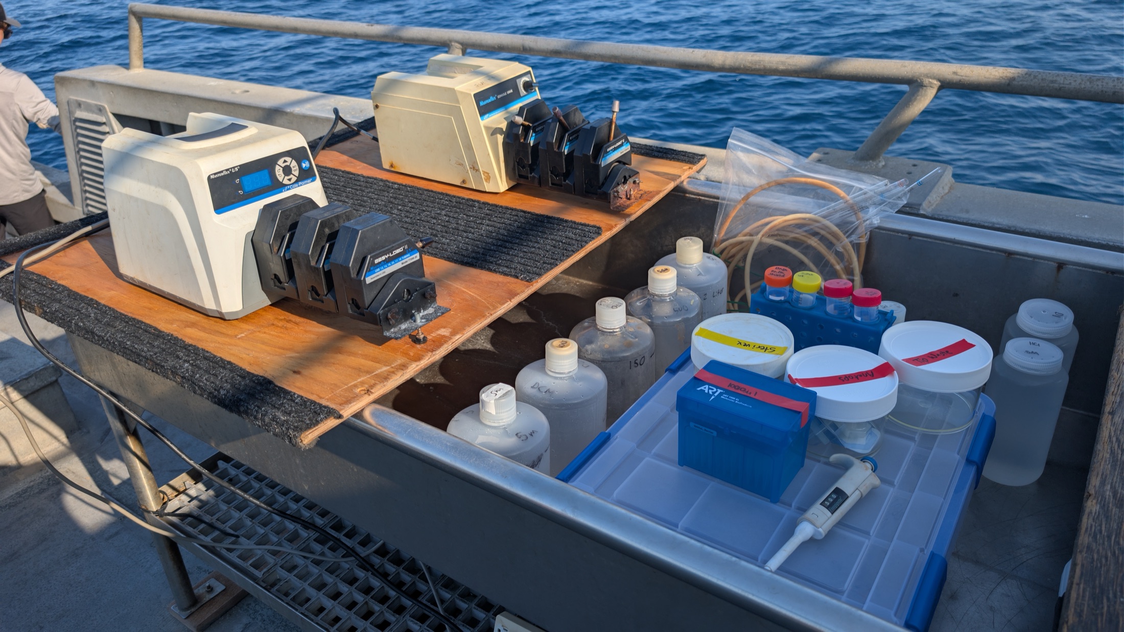 Peristaltic pumps and filtration supplies arranged on a research vessel