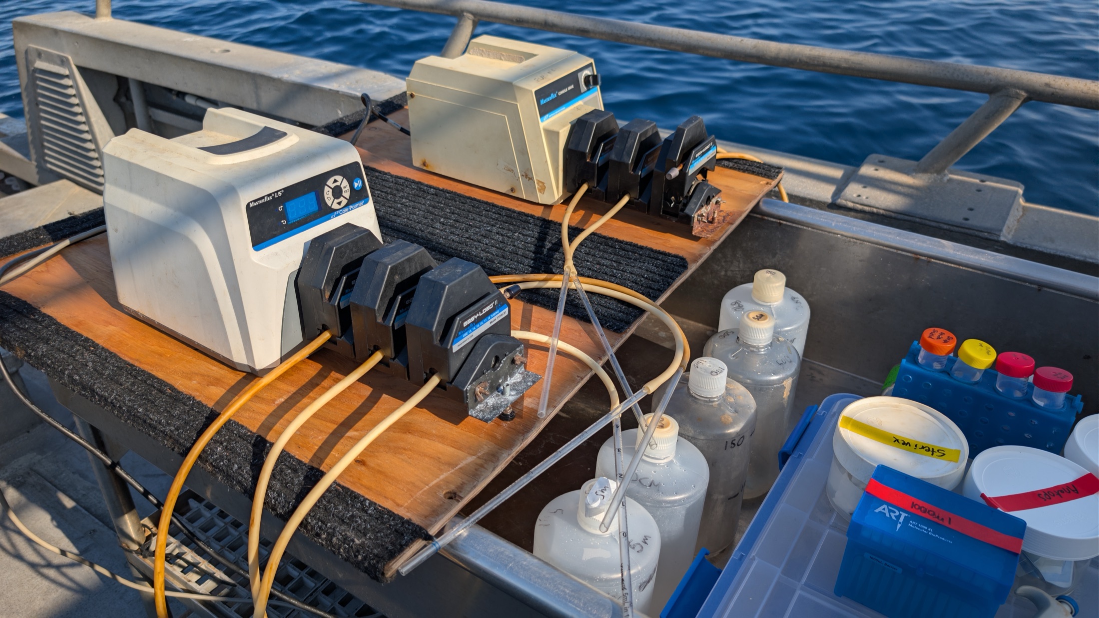 Peristaltic pumps filtering seawater aboard a research vessel