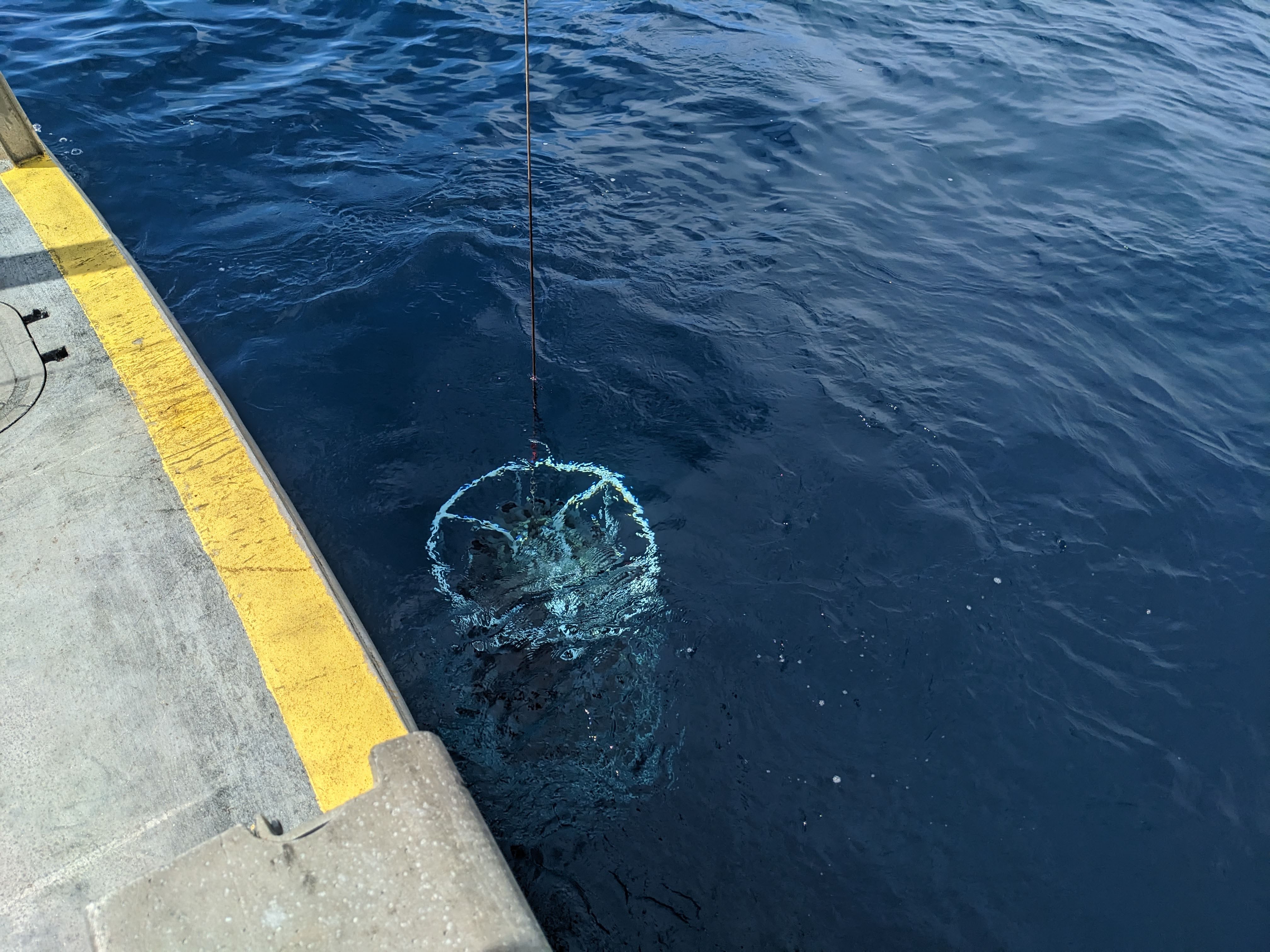 An oceanographic instrument being lowered into the ocean