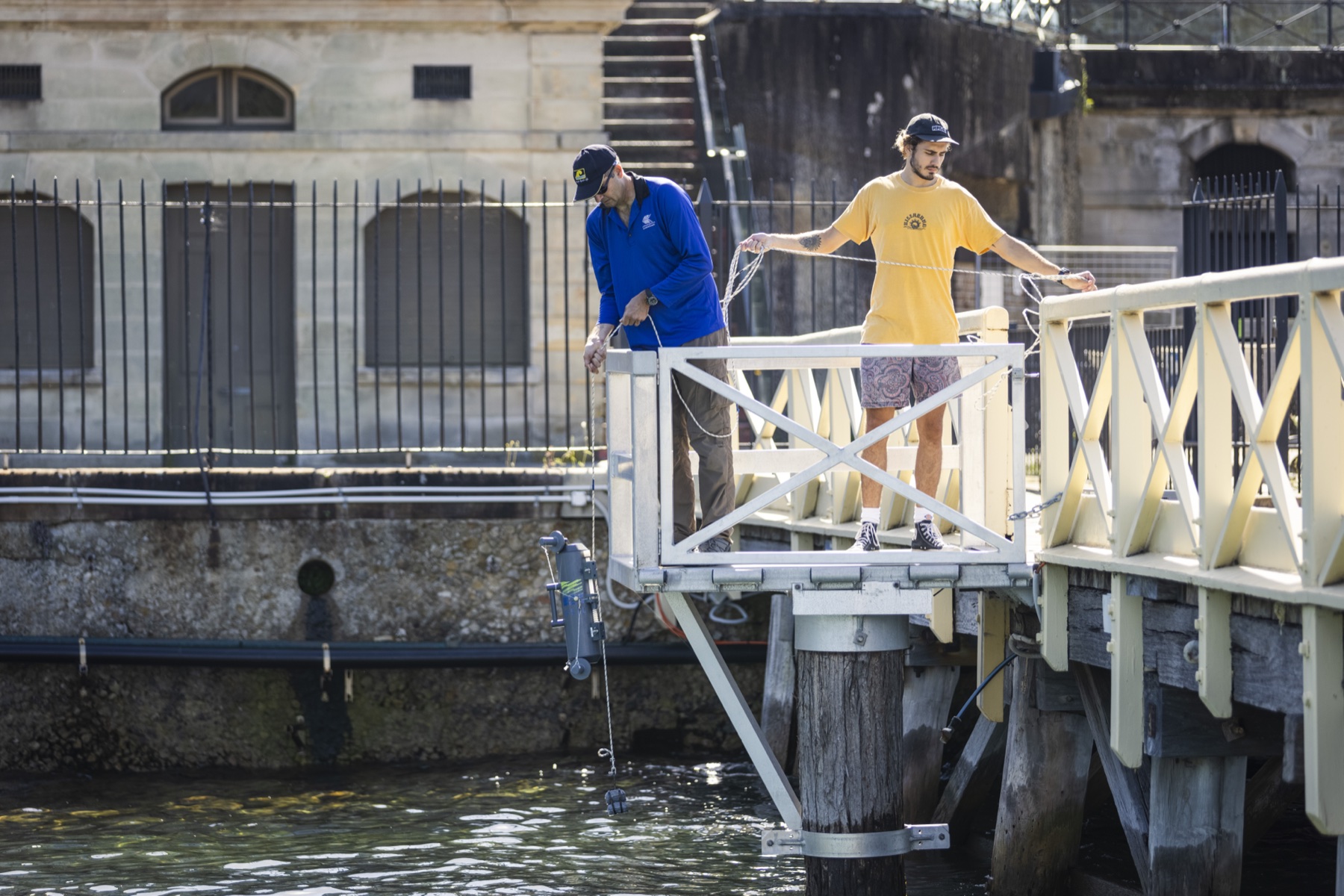 Researchers lowering water-sampling equipment from a coastal pier